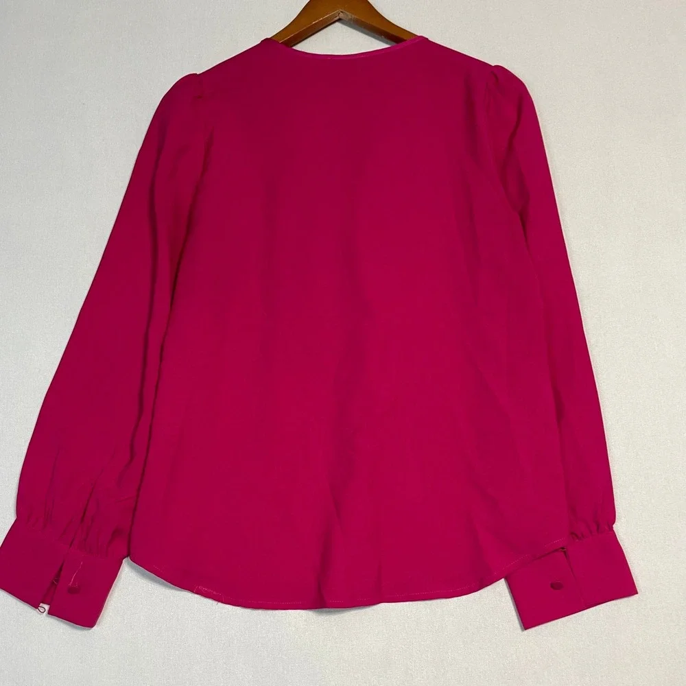 J. Crew Women's Pink Ruffle Front‎ Long Sleeve V Neck Blouse Shirt Top - Size S